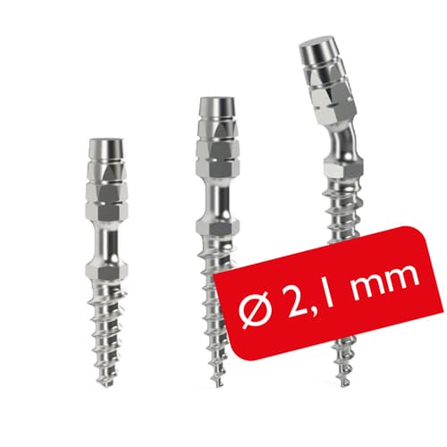 Drei temporäre Implantate ProImplant in unterschiedlichen Längen mit Durchmesserangabe 2,1 mm